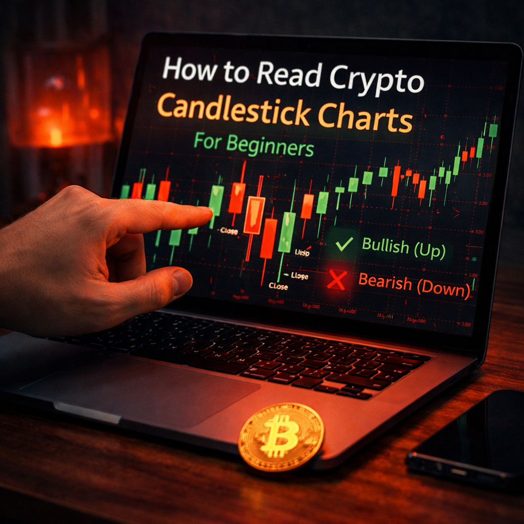Crypto Candlestick Chart Guide for Beginners 2026. Illustration of crypto candlestick chart showing bullish and bearish patterns with beginner-friendly trading analysis on a laptop. crypto candlestick chart for beginners bullish bearish pattern analysis